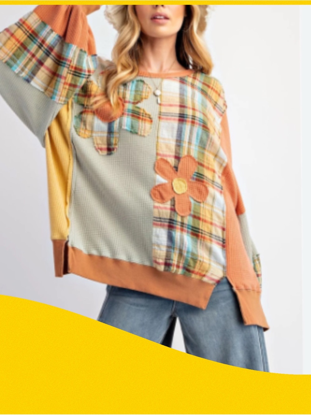Patchwork Plaid Floral Appliqué Pullover - Sage, Mustard & Rust oversized top.33 - Picture 2 of 7